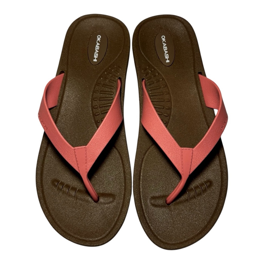 Okabashi Women's Breeze Thong Sandals in Brown and Coral 9 NWOT